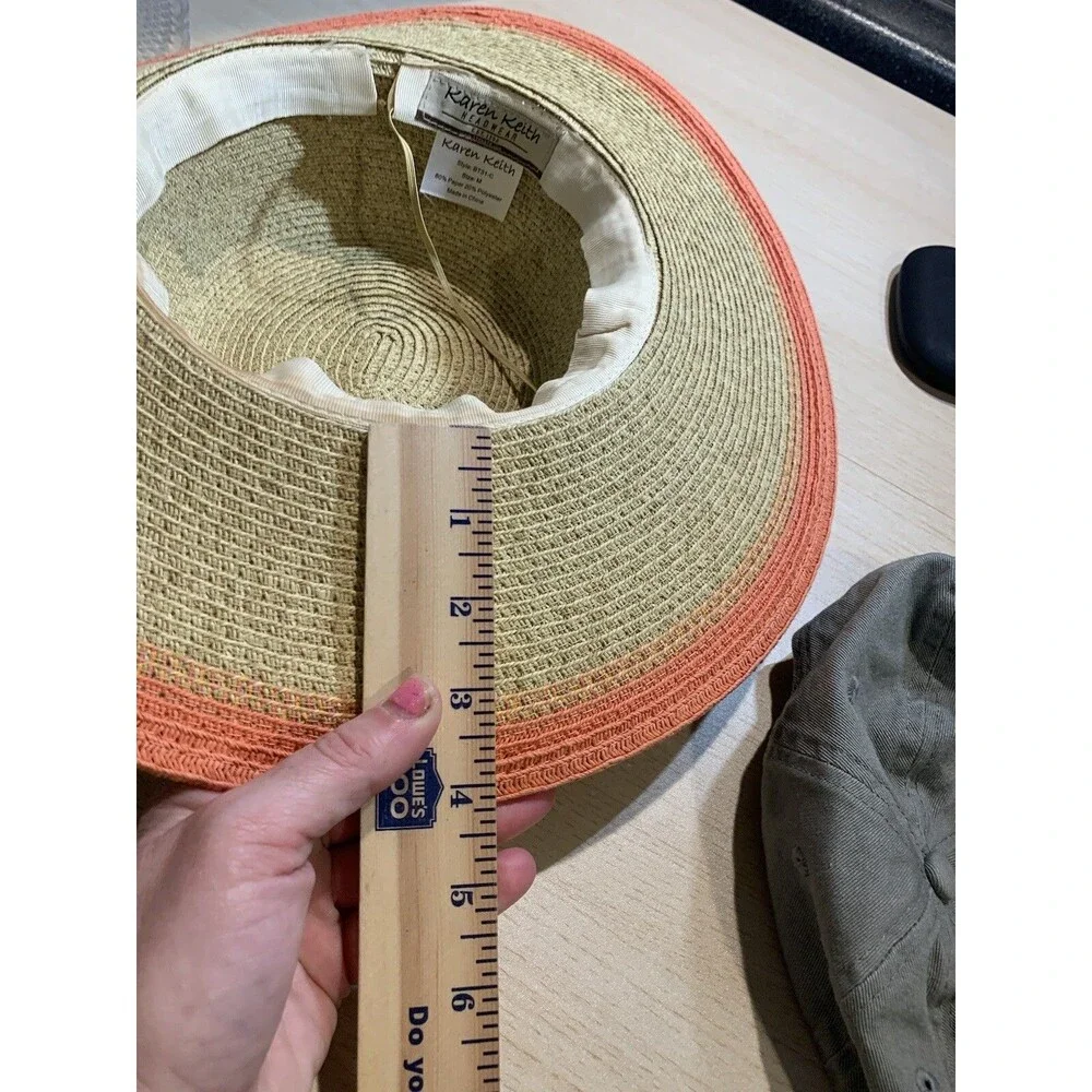 K.Keith Beige Straw Sun Hat Wide Brim with Peach edge and Band, Adjustable Sz M